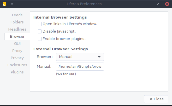 Liferea browser settings