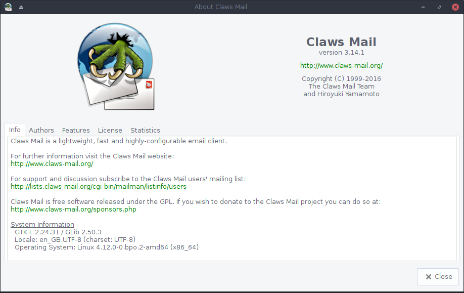 Claws Mail About screenshot