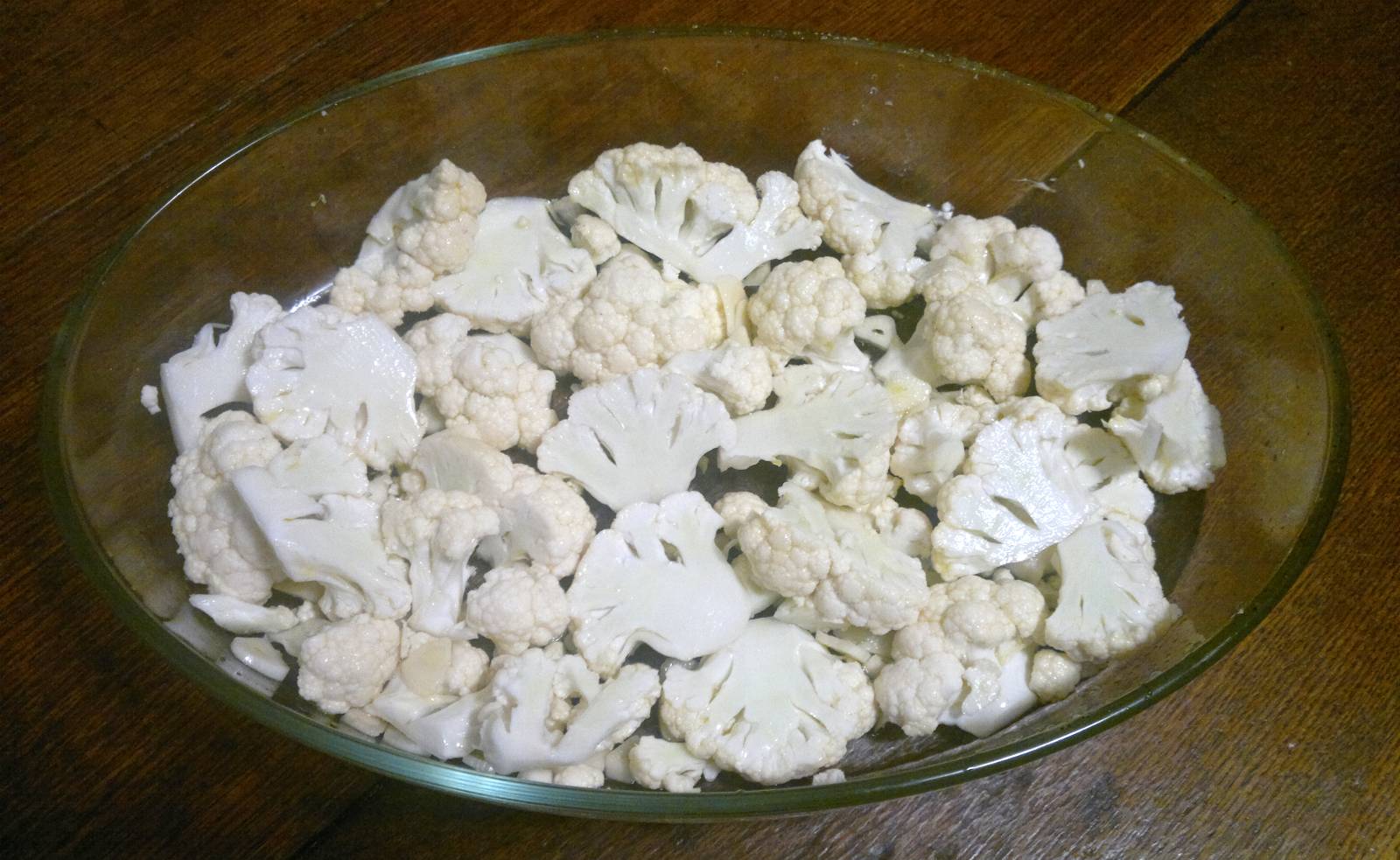 Sliced cauliflower florets in a heat proof dish