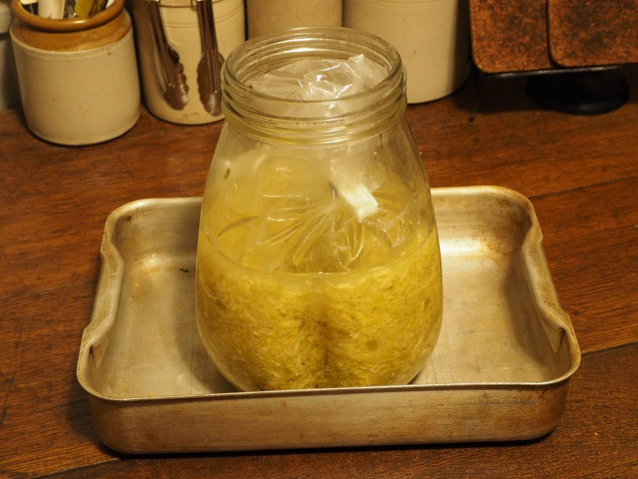 Sauerkraut with bag of brine in place