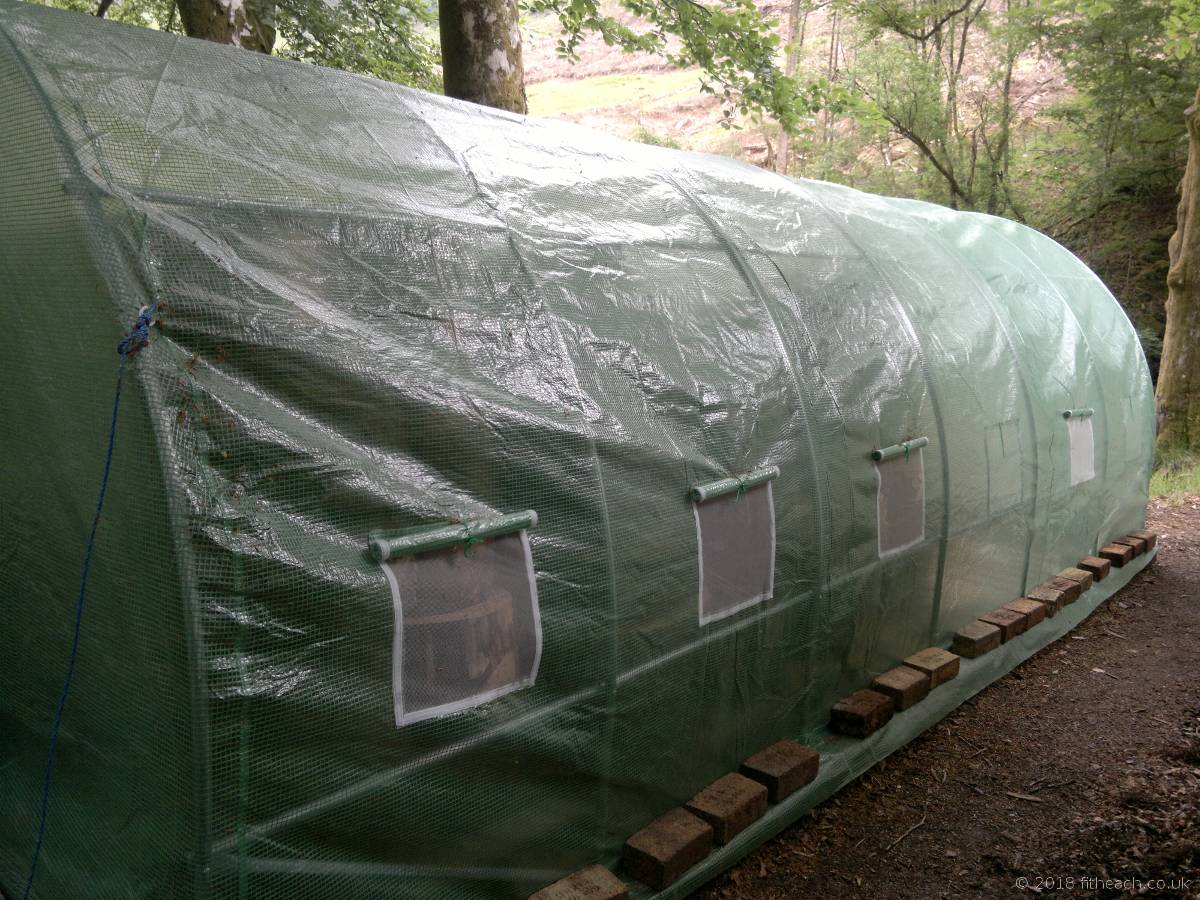 Long side view of the polytunnel, with the covering on.