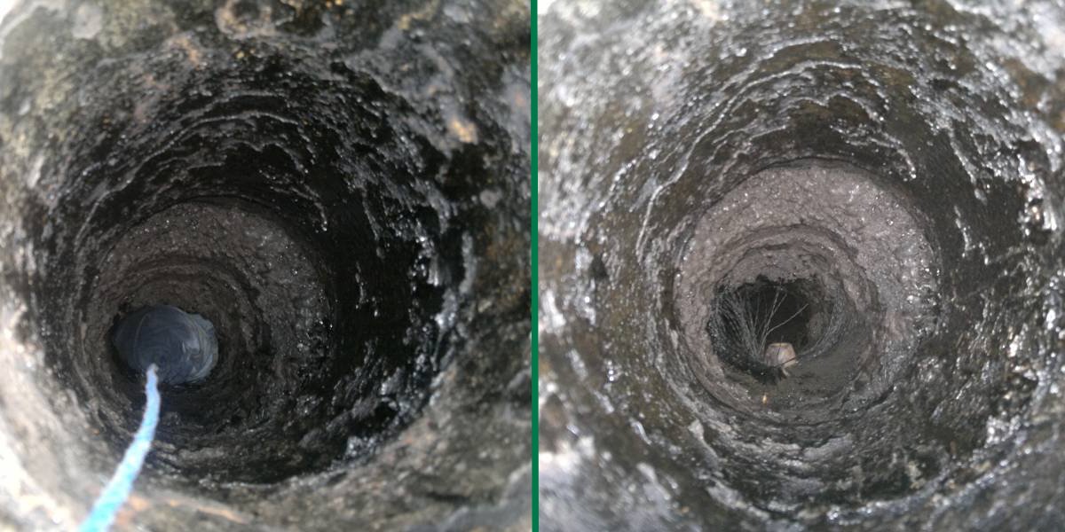 Twin photo showing the jeans stuck in the flue (left) and the brush (right).